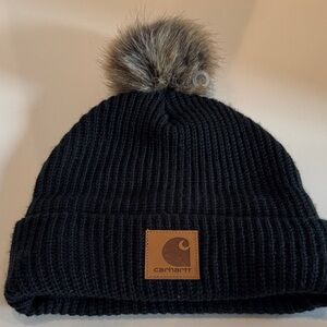 Carhartt Black Ribbed Knit Beanie with Faux Fur Pom